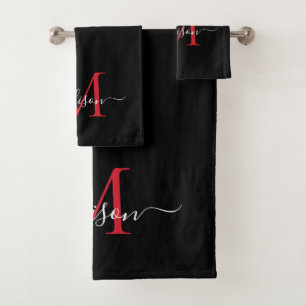 Moderner Name des roten Monogram-Skripts für das S Badhandtuch Set