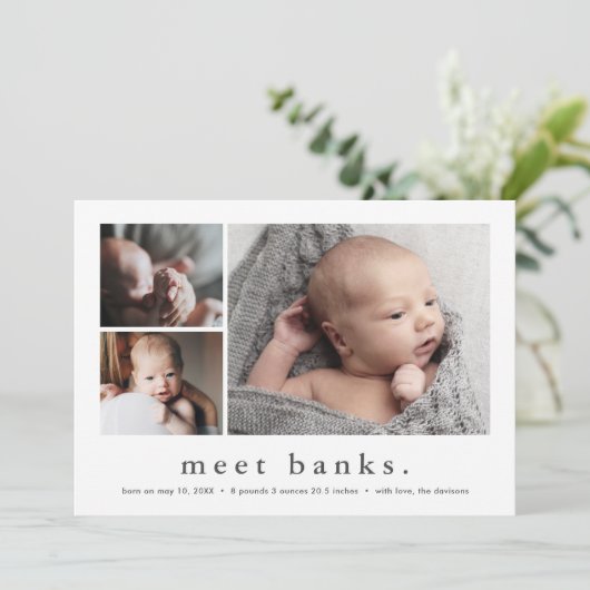 Moderner Name Einfach 3 Foto Collage Baby Birth Ankündigung (Stehend Vorderseite)