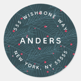 Moderner Name Personalisiert Holiday Spruce Adress Runder Aufkleber