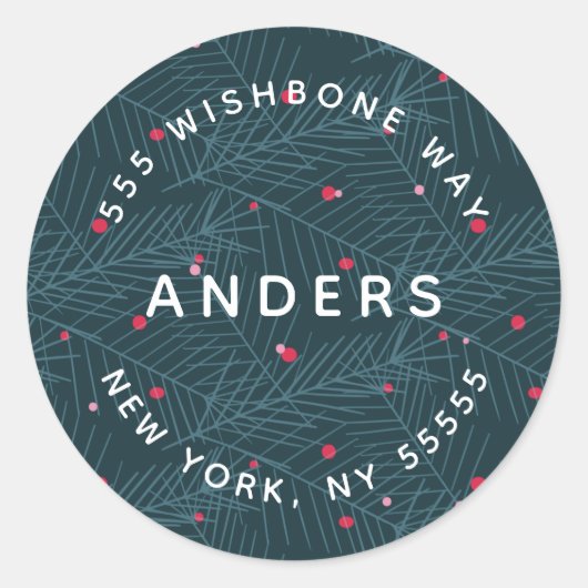 Moderner Name Personalisiert Holiday Spruce Adress Runder Aufkleber (Vorderseite)