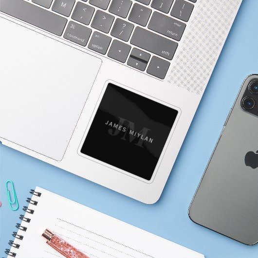 Moderner Name und Monogramm | Grau und Schwarz Aufkleber (Laptop mit iPhone)
