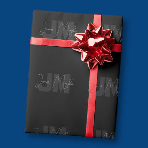 Moderner Name und Monogramm   Grau und Schwarz Geschenkpapier