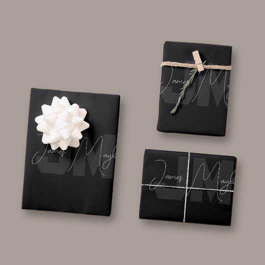 Moderner Name und Monogramm | Grau und Schwarz Geschenkpapier Set