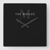 Moderner Name und Monogramm | Grau und Schwarz Quadratische Wanduhr (Vorderseite)