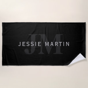 Moderner Name und Monogramm Grau und Schwarz Strandtuch