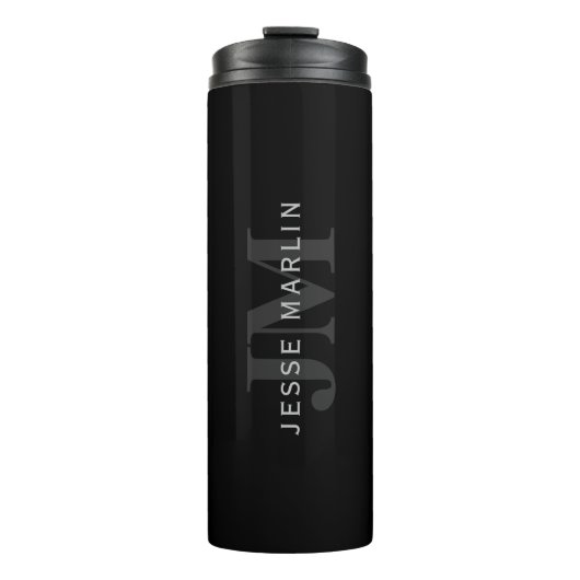 Moderner Name und Monogramm | Grau und Schwarz Thermosbecher (Vorderseite)