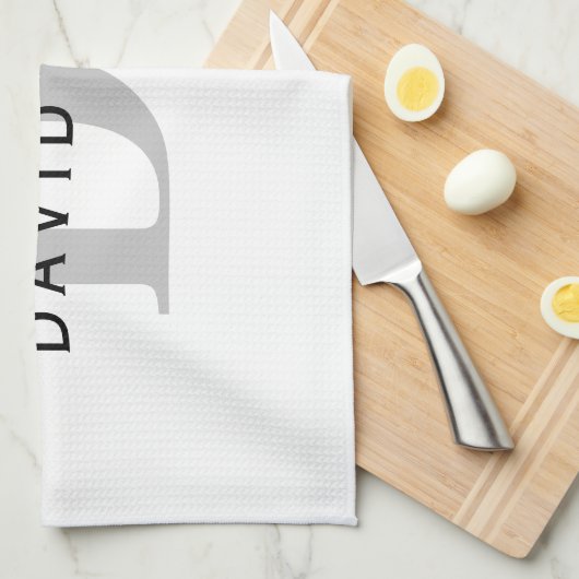 Moderner Name und Monogramm | Weiß Schwarz & Grau Geschirrtuch (Viertel Falte)