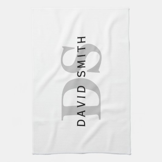 Moderner Name und Monogramm | Weiß Schwarz & Grau Geschirrtuch (Vertikal)