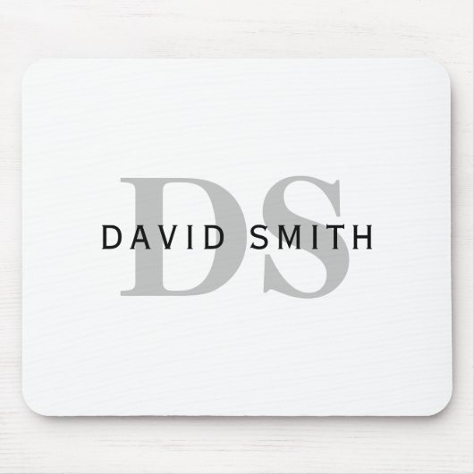 Moderner Name und Monogramm | Weiß Schwarz & Grau Mousepad (Vorne)
