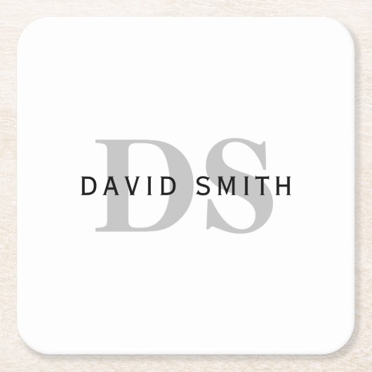 Moderner Name und Monogramm | Weiß Schwarz & Grau Rechteckiger Pappuntersetzer (Vorderseite)