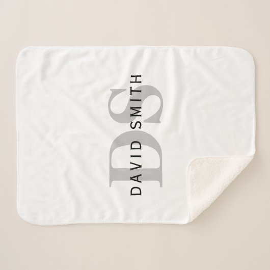 Moderner Name und Monogramm | Weiß Schwarz & Grau Sherpadecke (Vorderseite (Horizontal))