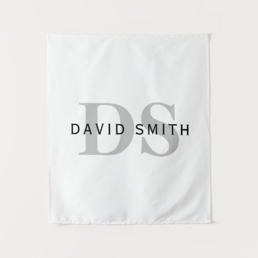Moderner Name und Monogramm | Weiß Schwarz & Grau Wandteppich (Vorderseite)
