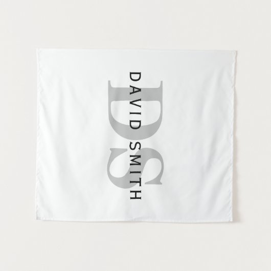 Moderner Name und Monogramm | Weiß Schwarz & Grau Wandteppich (Vorderseite (Horizontal))