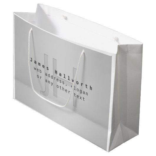 Moderner Name und Slogan | Grau Gradient Große Geschenktüte (Vorderseite Schrägansicht)