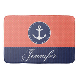 Moderner Nautical Coral Blue Anchor Personalisiert Badematte