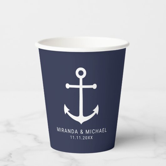 Moderner Nautical Navy Blue Anchor Wedding Paper C Pappbecher (Vorderseite)