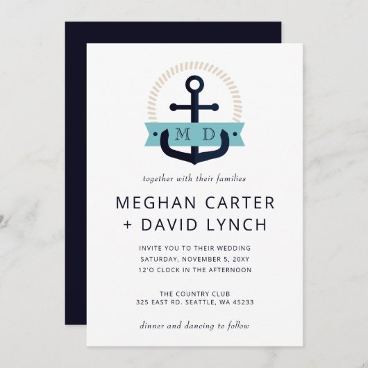 Moderner Navy Anchor Nautical Monogram Wedding Inv Einladung (Vorne/Hinten)