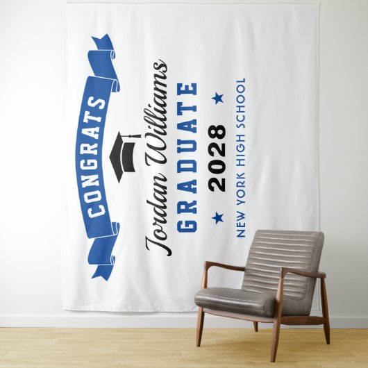 Moderner Navy Blue Abschluss Foto Stand Hintergrun Wandteppich (Beispiel)