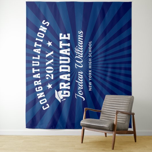 Moderner Navy Blue Abschluss Foto Stand Hintergrun Wandteppich (Beispiel)