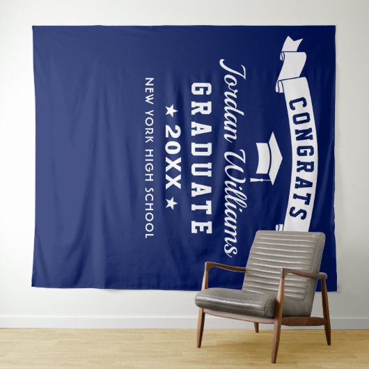 Moderner Navy Blue Abschluss Foto Stand Hintergrun Wandteppich (Beispiel (Horizontal))