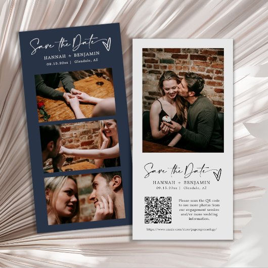 Moderner Navy Blue Boho Foto Booth Strip QR Code Save The Date