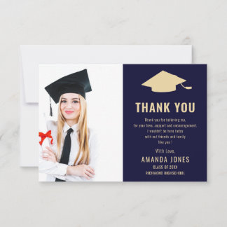 Moderner Navy Blue Gold Foto Abschluss Dankeskarte