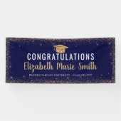 Moderner Navy Blue Gold Glitzer Grad Cap Abschluss Banner (Horizontal)