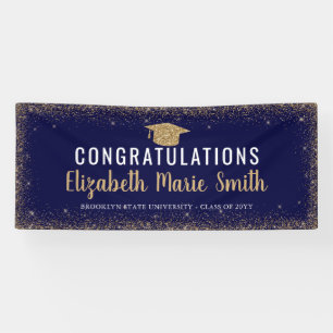 Moderner Navy Blue Gold Glitzer Grad Cap Abschluss Banner