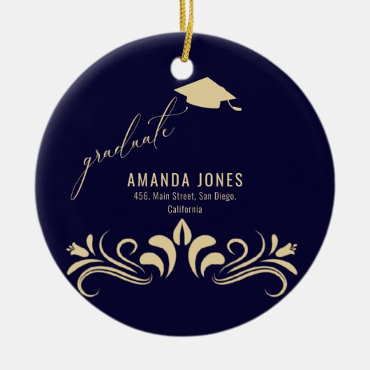 Moderner Navy Blue Gold Grad Cap Abschluss Keramik Ornament (Vorne)