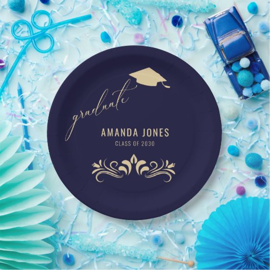 Moderner Navy Blue Gold Grad Cap Abschluss Pappteller (Party)