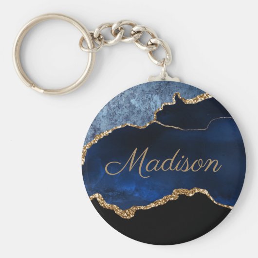 Moderner Navy Blue Gold Marmor Glitzer Vorname Schlüsselanhänger (Vorne)