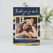 Moderner Navy Blue Gold Script Chic Foto Abschluss Dankeskarte (Stehend Vorderseite)