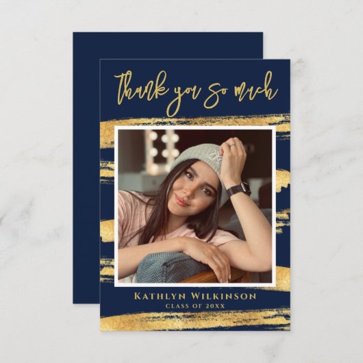 Moderner Navy Blue Gold Script Chic Foto Abschluss Dankeskarte (Vorne/Hinten)