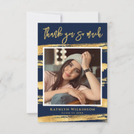 Moderner Navy Blue Gold Script Chic Foto Abschluss Dankeskarte
