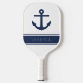 Moderner Navy Blue Nautic Anchor Individuelle Name Pickleball Schläger (Rückseite)