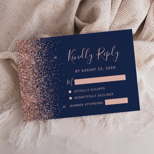 Moderner Navy Blue Rose Gold Glitzer Edge RSVP Karte