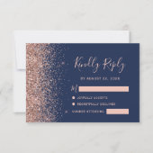 Moderner Navy Blue Rose Gold Glitzer Edge RSVP Karte (Vorderseite)