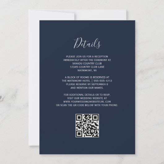 Moderner Navy Blue Silver Agate QR Code Hochzeit Einladung (Rückseite)