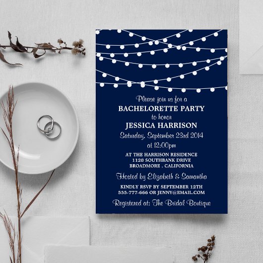Moderner Navy Blue String Lights Junggeselinnen-Ab Einladung