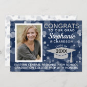 Moderner Navy Gray Bokeh Bubbles Foto Abschluss Einladung (Vorne/Hinten)