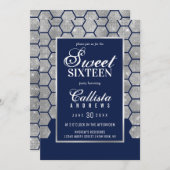 Moderner Navy Silver Glitzer Hexagon Geo Sweet 16 Einladung (Vorne/Hinten)