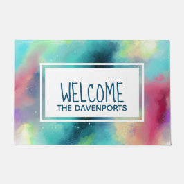 Moderner Nebel in Grün und Rotem Raum Willkommen Fußmatte