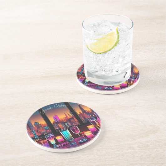 Moderner Neon City Bar Round Stone Untersetzer (Seite)