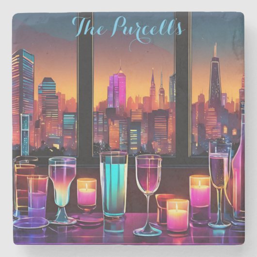 Moderner Neon City Bar Square Marbella Stone Unter Steinuntersetzer (Vorderseite)