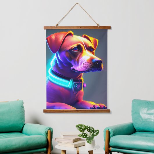 Moderner Neon farbiger Hund Wandteppich Mit Holzrahmen