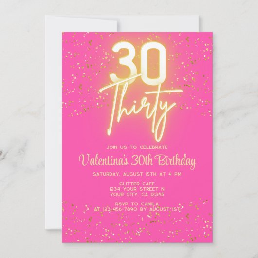 Moderner Neon Glow Hot Pink Gold Glitzer 30 Geburt Einladung (Vorderseite)