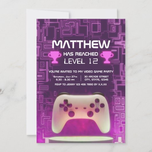 Moderner Neon Video Game Controller Kinder Tee Einladung (Vorderseite)