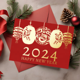 Moderner New Year Gold Dragon Lattern Folien Feiertagskarte