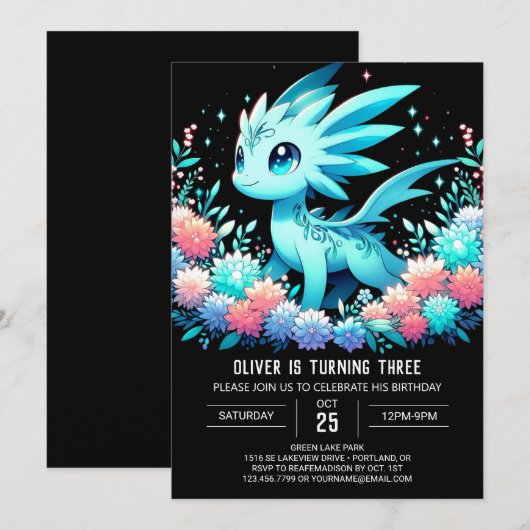 Moderner Niedlicher Drache Geburtstag Einladung (Vorne/Hinten)