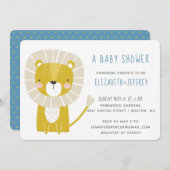 Moderner Niedlicher Lion Baby Boy Blue Yellow Einladung (Vorne/Hinten)